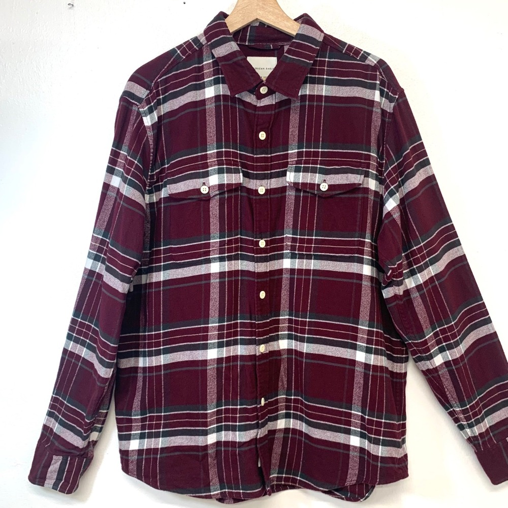 American Eagle Mens Super Soft Flannel Shirt Burgundy Plaid Button Up Large